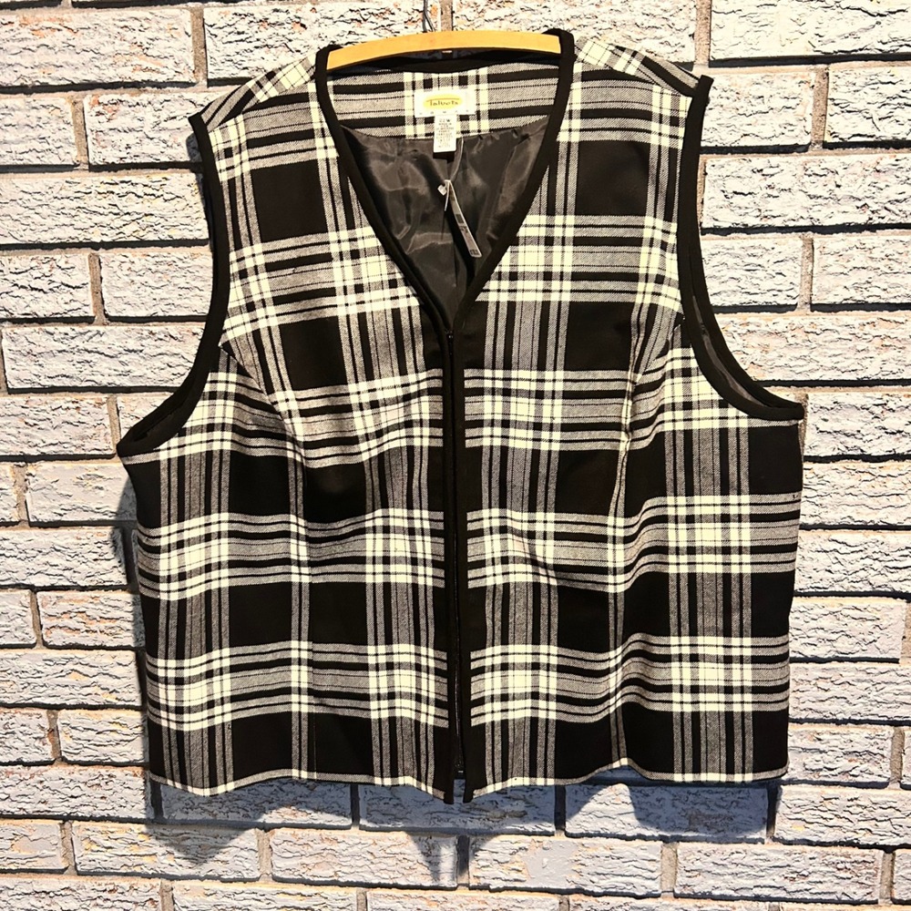 Talbots Woman Black Ivory Plaid 100% Wool Full Zip Vest Size 22W NWT Made in USA